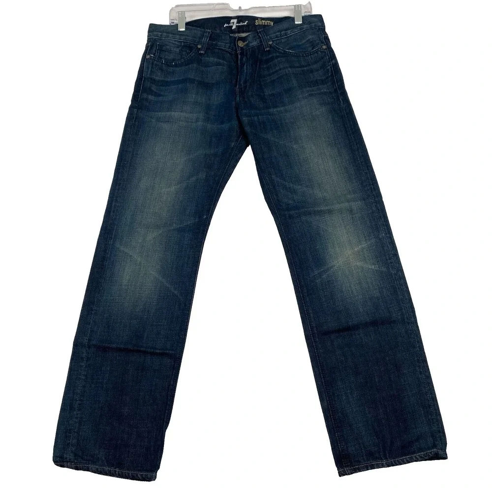 7 For All Mankind Men's Blue Skinny Jeans Size 33 Blue 100% Cotton with Pockets.